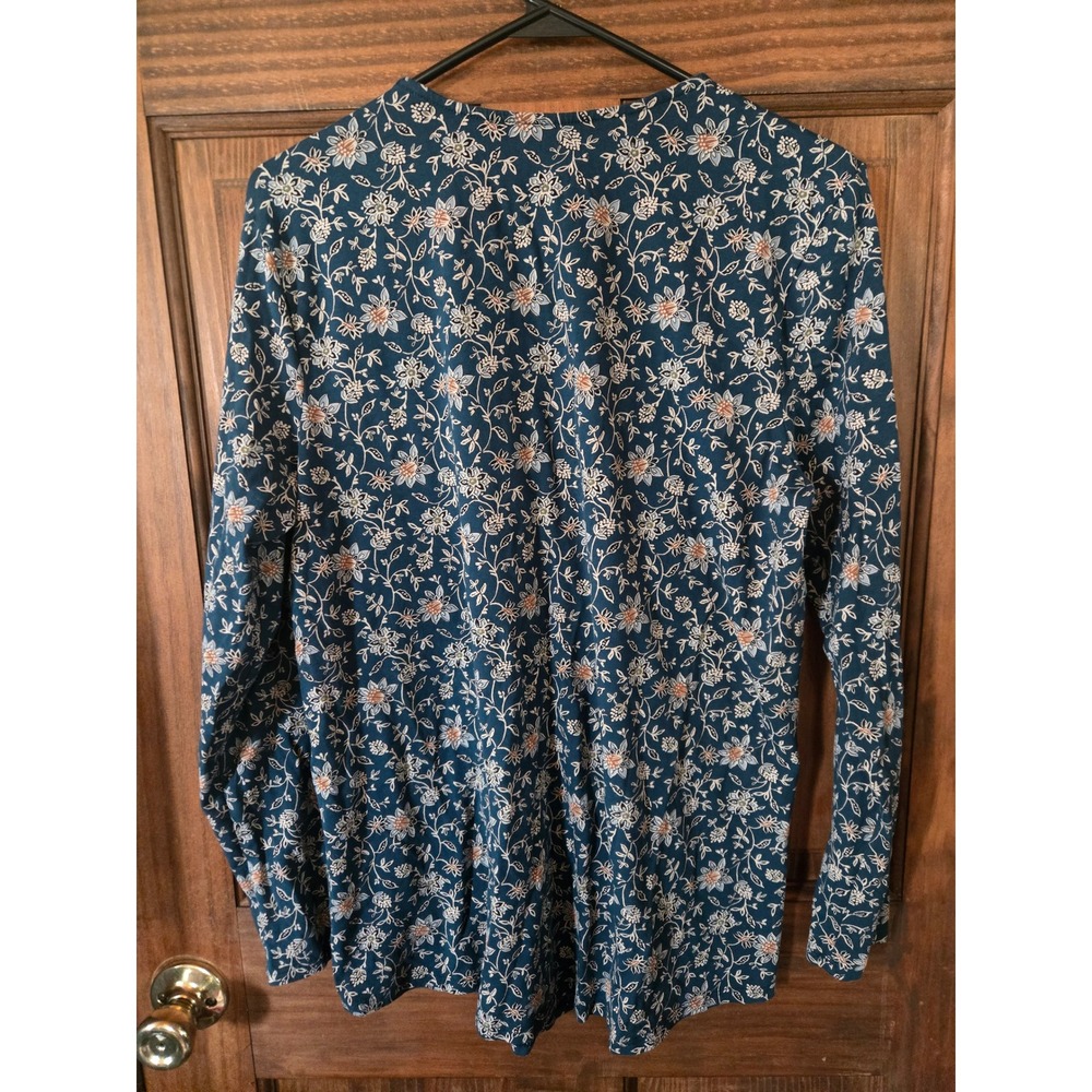Pure Jill Blue Floral Pima Cotton Long Sleeve Shirttail Tee Womens Medium M - Picture 2 of 3